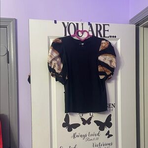DKNY Black Top with Brown Puff Sleeves